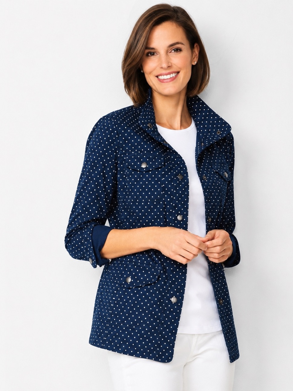Talbots Navy Blue White Polka Dot Utility Jacket Field Jacket XL